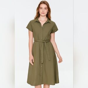 JDY green trench coat dress belted collared lagenlook Military size 36
